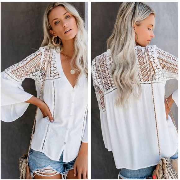 Boutique Tops - Crochet Bell Sleeve Button Up Blouse